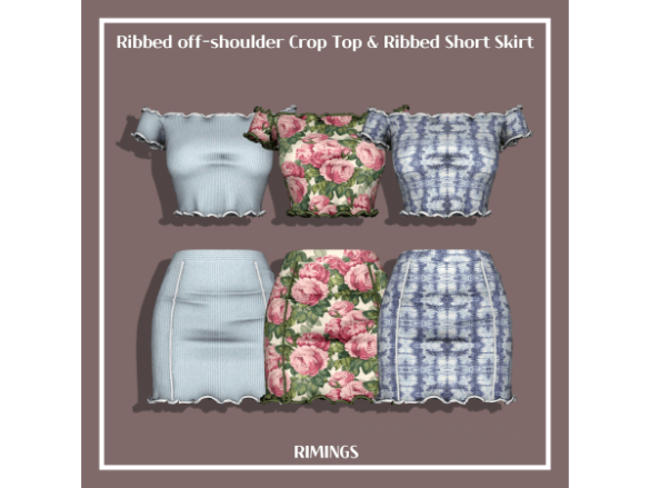 Sims 4 Ribbed off-shoulder Crop Top Short Skirt