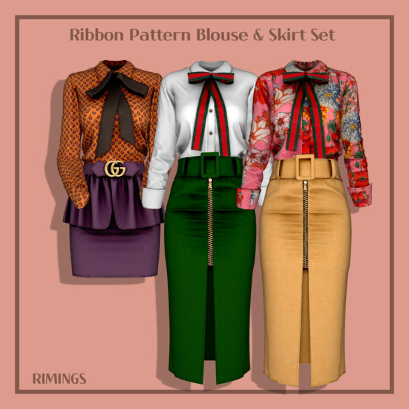 Sims 4 rimings ribbon pattern blouse skirt set