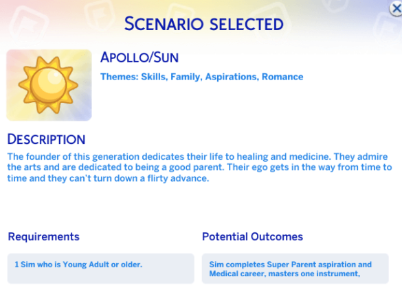 Sims 4 Greek God Challenge Scenarios: Apollo/Sun
