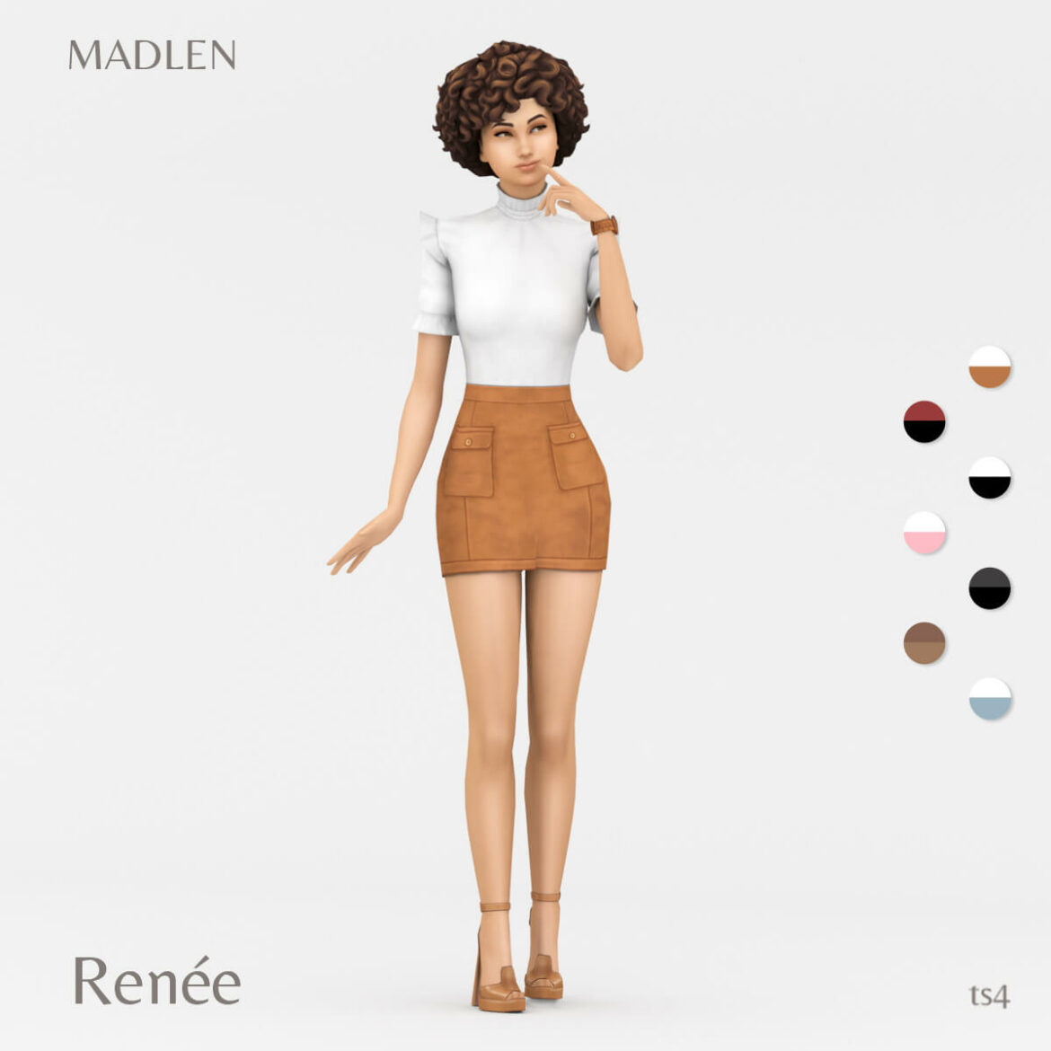 Sims 4 rene outfit ruffly short sleeve top suede skirt