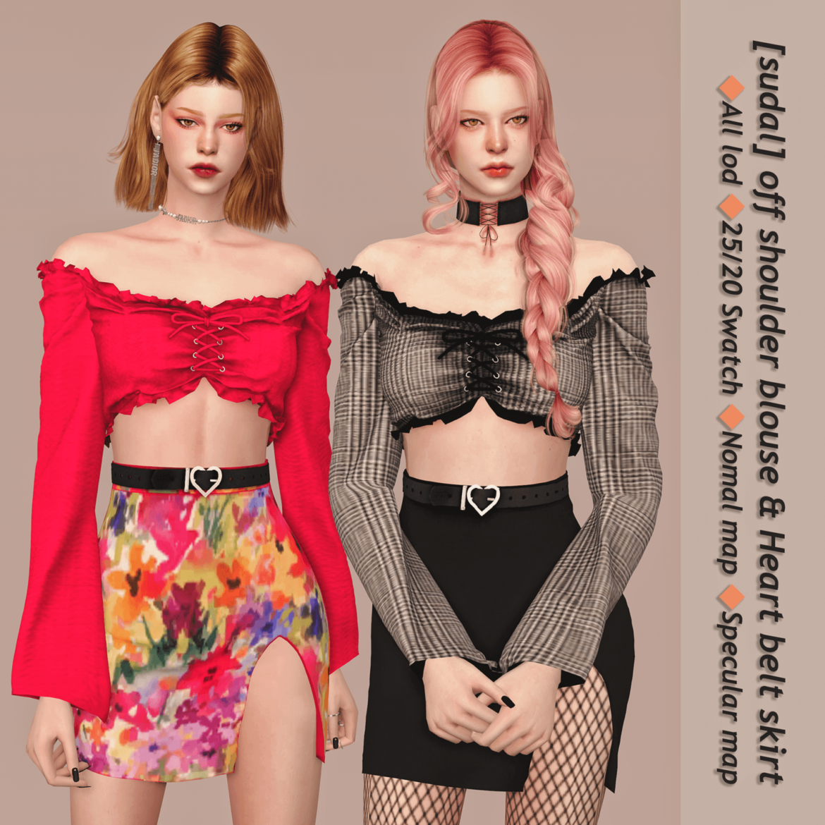 Sims 4 sudal off shoulder blouse heart belt skirt