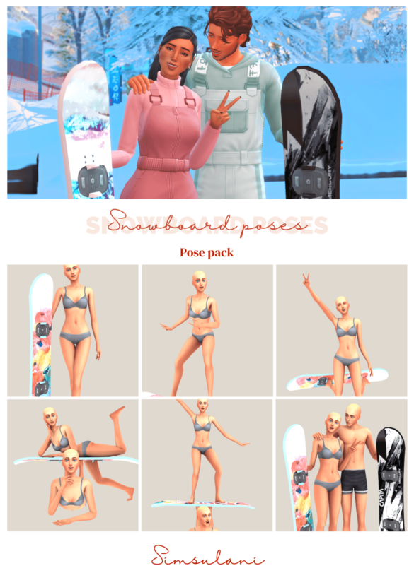 Sims 4 189 pose pack snowboard poses 6 poses