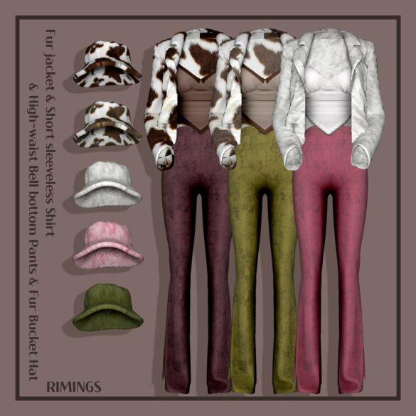 Fur jacket & Fur Hat & Bell bottom Pants