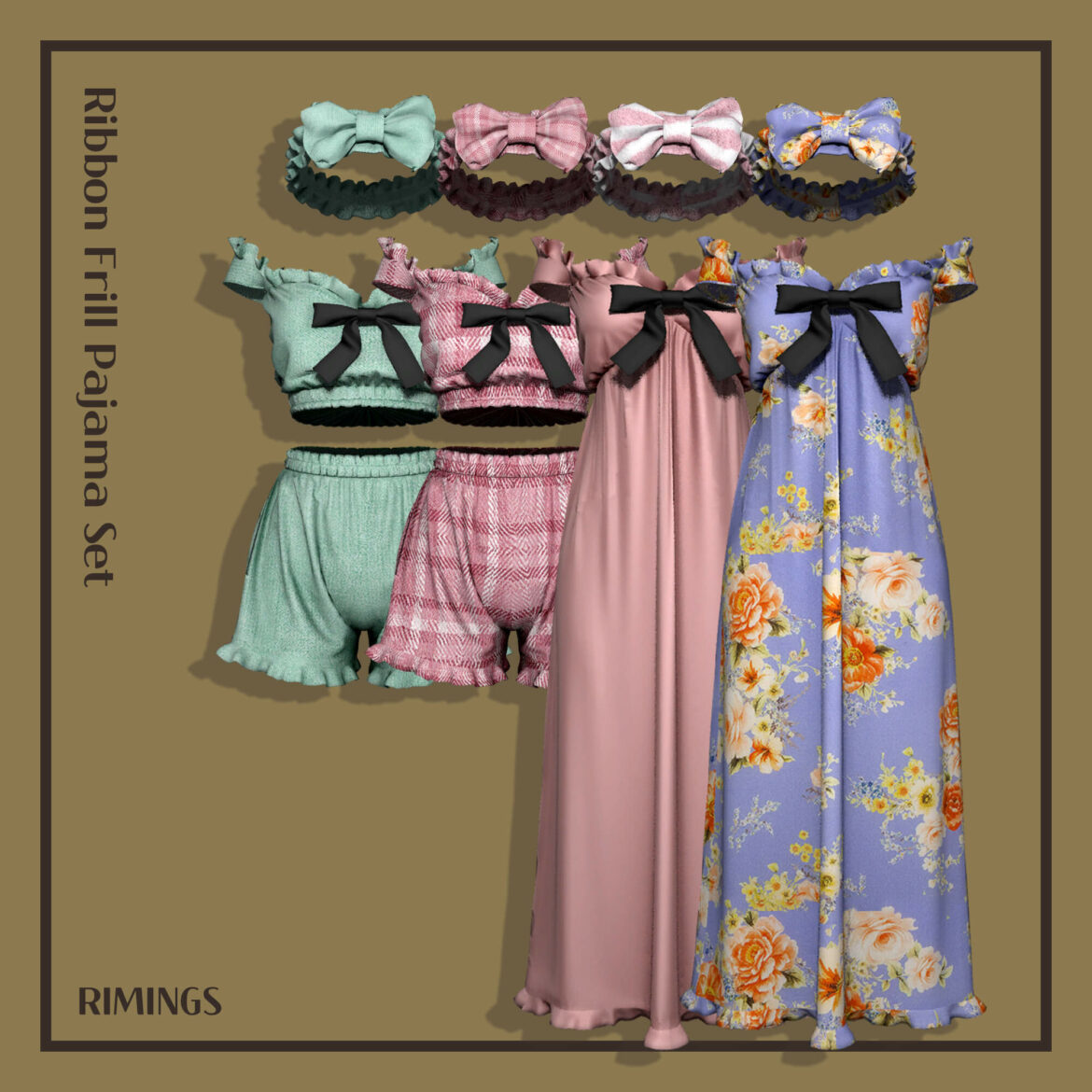 Sims 4 rimings ribbon frill pajama set full body 2