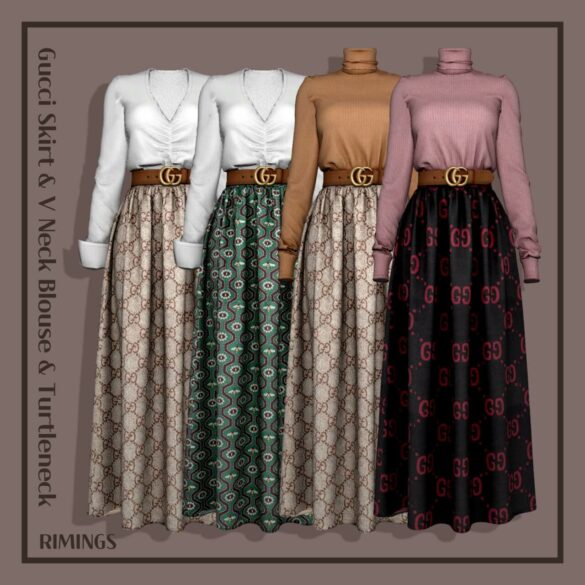 Skirt & V Neck Blouse & Turtleneck