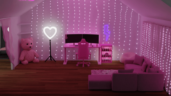 The Sims 4 pink gamer office bedroom blender scene
