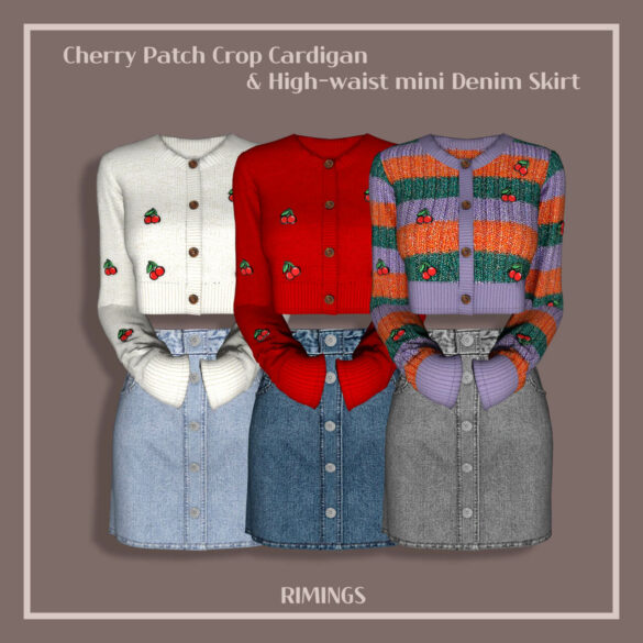 Cherry Crop Cardigan High-waist mini Denim Skirt