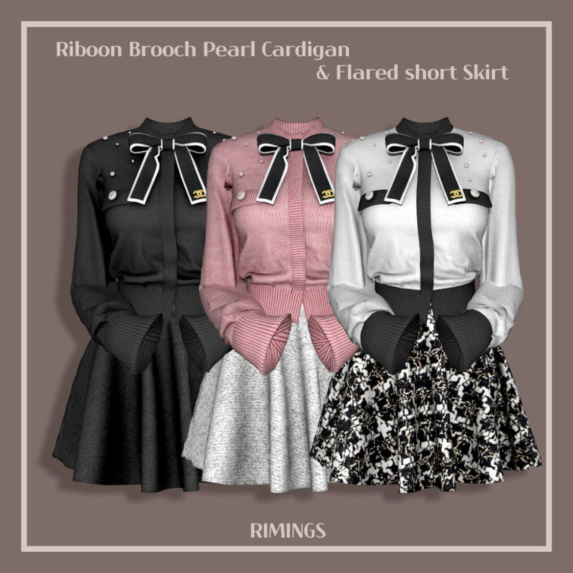 Riboon Brooch Pearl Cardigan Flared short Skirt
