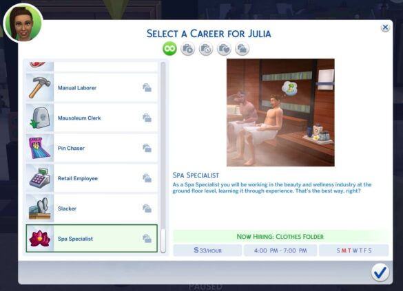 The Sims 4 Spa Specialist (Part-Time) Career