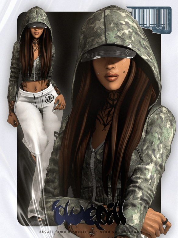 female hoodie with hood up